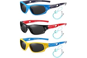 Rocf Rossini Pack of 3 Flexible Kids Sunglasses Polarized Sports Sun Glasses Girls Boys Cricket Shades with Straps UV400 Protection Eyewear for Age 2-10