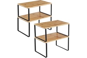 SONGMICS Étagère à Épices, Lot de 4, Organisateur de Placard, Étagère de Rangement de Cuisine Extensible, Porte-épices Empilable, Métal, Bois d’Ingénierie, Noir d'Encre et Beige Naturel KCS10NB