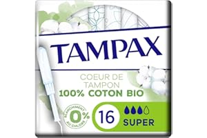Tampax Cotton Protection, Super, 16 Tampons Avec Applicateur en Plastique Végétal, Flux Moyens à Abondants, Coeur de Tampon En Coton Biologique