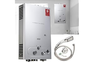 ECUTEE 8L 16KW Flüssiggas Durchlauferhitzer LPG Warmwasserbereiter, Tankless Instant Heißwasserbereiter mit Regenduschkopf und Duschschlauch, für Outdoor-Camping-Baden und RV-Dusche, Silber