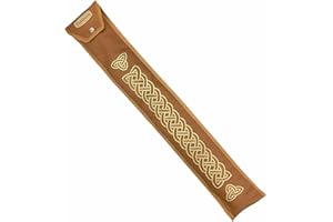 PRO KUSSION Handmade Irish Large Low D Flute Whistle Case/Sleeve by Dannan in Brown Vegan Leather with Traditional Celtic Embroidery 4"x 24”