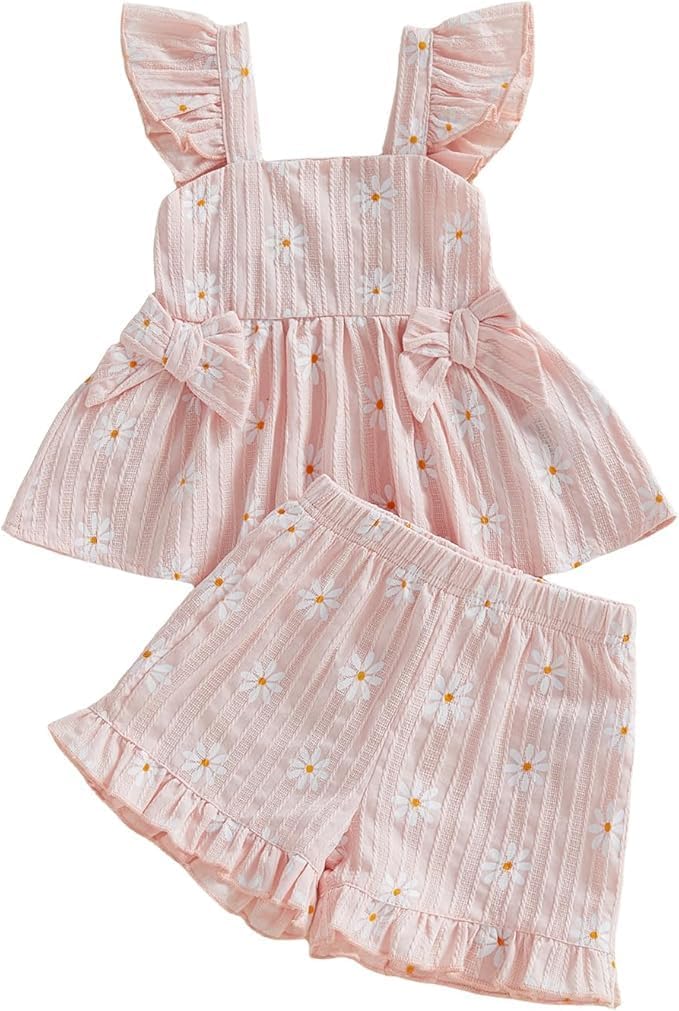 Eqenkely Conjunto para Bebé Niña Top Shirt Sin Mangas con Volantes y Pantalones Cortos 2 Piezas Elegante Estampado Ropa de Verano