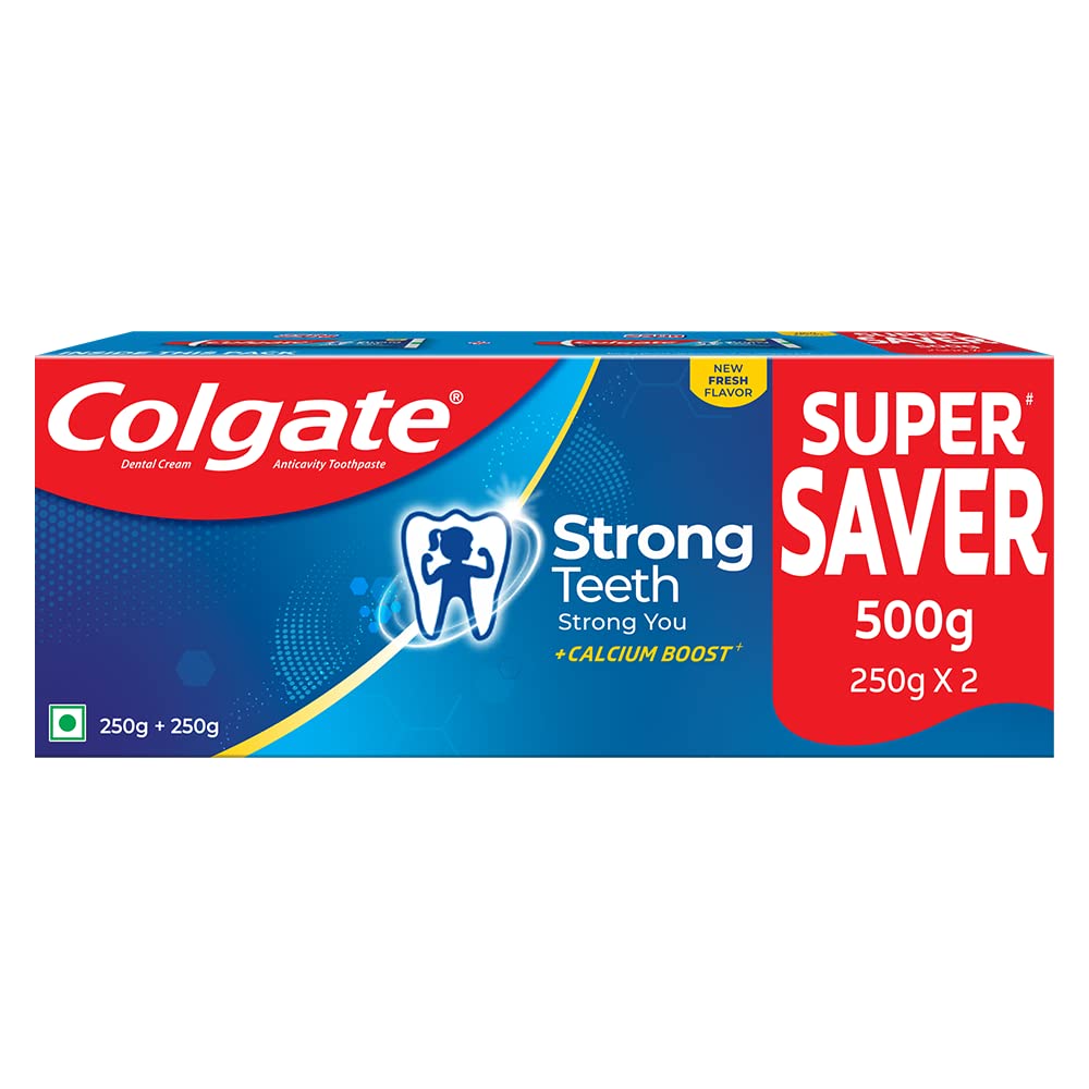 Colgate Strong Teeth, 500g, India’s No: 1 Toothpaste Brand, Calcium-boost for 2X Stronger Teeth, Prevents cavities, Whitens T