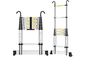 EOXCIIU Telescopic Ladder 2.6m, Aluminium Extendable Ladder with Hooks and stabiliser, Height Adjustment, Convenience for Home, Attic Access, etc.