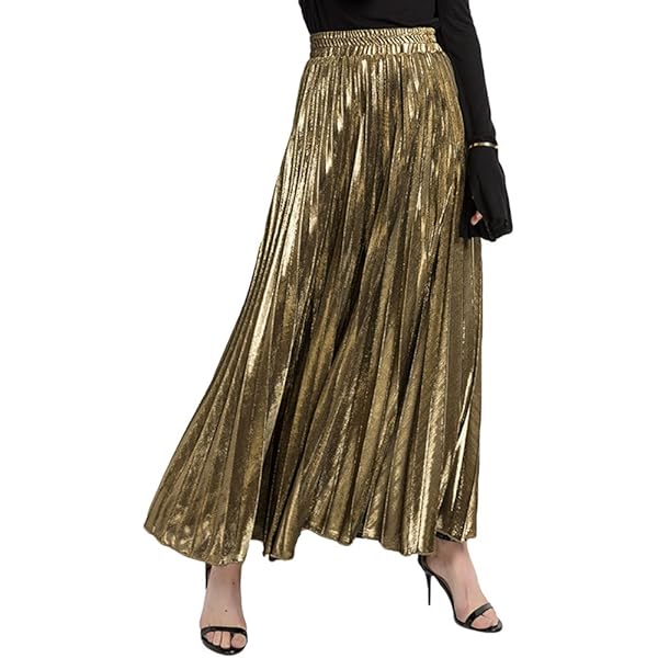Jupe Longue Plissée Or - Taille Haute - Polyester Fluide - Femme - S-2XL
