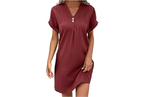 ACHIMLT Musselin Kleid Damen Sommer Bluse Leicht V-Ausschnitt Tunika Kleid mit Knöpfen Boho Sommerkleider Musselin Damen Kurzarm A Linien Kleid Freizeitkleider Luftig Hemdkleid Lang Strandkleid