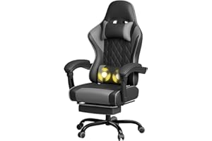 JUMMICO Chaise Gaming Ergonomique, Chaise de Bureau avec Fonction Massage, Fauteuil Gaming avec Repose-Pieds, 150 kg, Gris