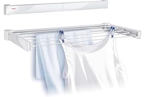 Leifheit Séchoir Mural Telegant 72 Protect, sèche linge dépliable Avec 8 barres de 90 cm, étendoir à linge robuste pour intérieur et extérieur, Longueur d'étendage de 7,20 mètres