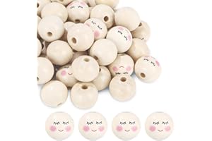 Barlone Holzkugeln mit Gesicht 20mm, 50 Stück Holzperlen mit Gesicht, Lächelndes Gesicht Holzkugeln mit Loch, Natürlich Rund Holzköpfe für Sorgenwürmchen, Glückswürmchen, DIY Schmuck Handwerk