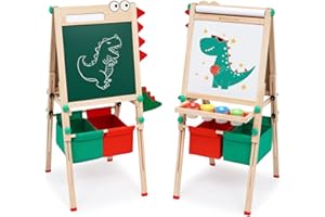 Arkyomi Tableau de jeu pour enfants en bois | Tableau double face primé pour enfants réglable en hauteur avec rouleau de papier, tableau noir, tableau blanc (vert)