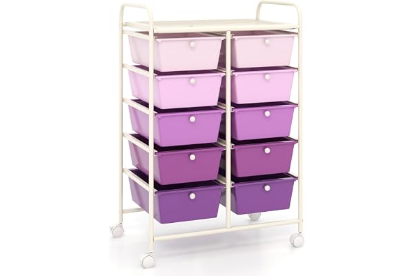 COSTWAY Chariot de Rangement 10 Tiroirs en PP, Tour de Rangement, Cadre en Métal, Desserte Meuble Tiroir pour École, Salle de Bain, Maquillage, Cuisine (Violet Dégradé,M | 10 tiroirs)