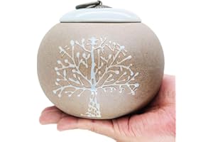 M MEILINXU Ceramics Small Urn - 4.6" Sized, Cremation Urns for Ashes (Not Suitable for Adults) - Display Burial At Home or in Niche at Columbarium ( Hand-Painted Pale Blue Green Tree of Life, Brown Keepsake Urn