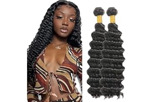 Evaxilc Deep Wave Bundles Extension Echthaar perücke Human Hair Glueless Bundles Brazilian Virgin Hair 100% Unprocessed #1B Natural Black Color 2 Bundles Total 200g For Women 16 18 Inch
