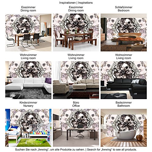 Fototapete 254×184 cm PREMIUM Wand Foto Tapete Wand Bild Papiertapete – Illustrationen Tapete Alchemy Totenkopf Vintage Schädel Rosen schwarz – no. 2718 - 5