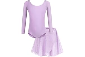 Bricnat Robe de Ballet pour Filles Justaucorps de Ballet pour Enfants Manches Courtes/Longues Robe de Danse Corporelle en Coton avec Jupe Tutu en Mousseline De Soie 2-10 Ans