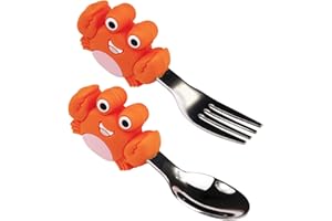 Qshare Zestaw sztućców dla niemowląt, łyżka, widelec, łyżeczka do karmienia i widelec, 2 sztuki, silikon i stal nierdzewna, zestaw sztućców dla dzieci, nie zawiera BPA, łatwa przyczepność, odporna na wysokie temperatury, dla dzieci w wieku powyżej 12 miesięcy