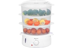 EMtronics 3-Tier Food, Meat & Vegetable Steamer with 60 Minute Timer, 10 litres - White