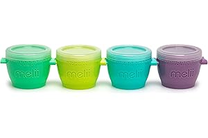 melii set de 4 botes de plástico para potitos bebe, juego de 4 recipientes de comida para bebe, herméticos, apilables, aptos para congelador, microondas y lavavajillas, Capacidad: 118 ml