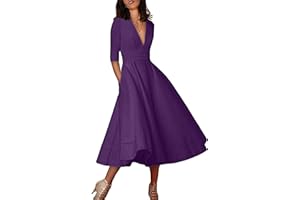 YMING Women 's Retro Deep V Neck Dress Elegant Swing Dress 3/4 Sleeve Light Dress Retro High Cintura Party Midi Pocket Dress
