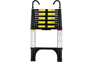 HBTower Scala telescopica da 3,2 metri con ganci e piedini antiscivolo, leggera scala pieghevole in alluminio per soppalchi, camper, esterni ed interni, capacità di 150 kg.Nero