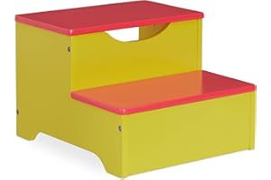 Relaxdays Taburete Infantil, Banqueta con 2 Escalones, 25 cm de Alto, Baño, MDF, Peldaño Lavabo Niños, Amarillo/Rojo, Tablero de Fibras