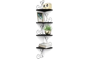 Alsonerbay Corner Shelf Wall Mount of 4 Tier Corner Shelves Rustic Wood Floating Shelf Cat Shape Metal Corner Stand for Bedroom Living Room Bathroom Kitchen Office and More Black