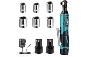 Funnyway 3/8" Cordless Ratchet Wrench, 12V Cordless Ratchet with 2 x 2000mAh Li-Ion Battery and Fast Charger, Max Torque 45N.m, 0-300rpm Electric Ratchet with LED Light and 6 Sockets (Blue)