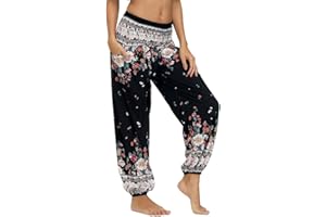 Nuofengkudu Mujer Pantalones Hippies Tailandeses Estampado Verano Cintura Alta Elastica con Bolsillos para Yoga Casual
