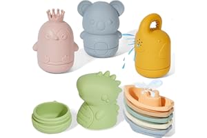 ATAUSD Pack of 9 Bathtub Toys, Bath Toy, Silicone Bath Toy, Baby Bath Toy, Splash Animals, Boat, Water Toy, Gifts for Babies, Toddlers, Animals