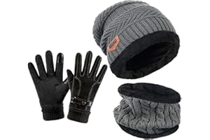 YULOONG Beanie Hat Scarf Gloves Set Winter Knitted Hat Neck Warmer Touchscreen Driving Gloves for Men Women