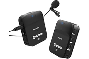Moman C1 Lavalier Funkmikrofon, 2.4Ghx Kabellos Ansteckmikrofon System Wireless Microphone Mics, 70m Reichweite, Echtzeit-Überwachung für Interview Kamera DSLR Canon Sony Nikon Panasonic