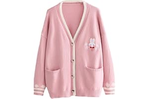 Himifashion Niedlicher Strick-Cardigan für Teenager, Mädchen, Kawaii-Bunny-Stickerei, langärmelig, Pullover mit Taschen, V-Ausschnitt
