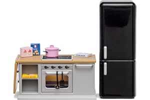 LUNDBY Dolls House Furniture Kitchen Island – Cooker + Fridge – 10-piece Doll House Accessories for 11cm Mini Dolls Age 4+ Scale 1:18