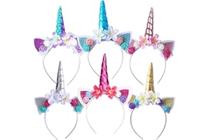 Seasboes 6 Pezzi Cerchietto Unicorno Bambina, Cerchietto Unicorno con Fiori, Corna Cerchietto Accessori Unicorno, Accessori e Orecchie Per Capelli In Corno Di Unicorno