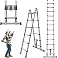 Aluminum Telescopic Extension Ladder A-Frame Ladder 2-in-1, Portable Collapsible Ladder with Stabilizer Bar,6+6 Steps Adjustable Height, 12.5FT in Straight Line & 6.25FT in A-Frame, 330lbs Max Load