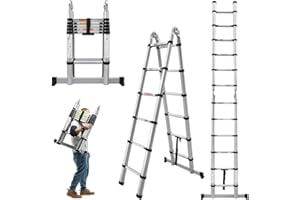 Qimu Aluminum Telescopic Extension Ladder A-Frame 2-in-1, Portable Collapsible with Stabilizer Bar,6+6 Steps Adjustable Height, 12.5FT in Straight Line & 6.25FT A-Frame, 330lbs Max Load Black