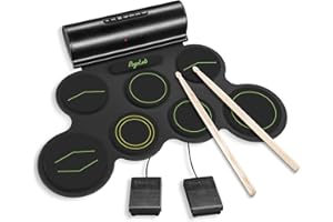 POGOLAB Batterie Electronique, 7 Roll up Drum Pad Batterie avec BT Connexion Prise Casque USB MIDI, Enceinte Intégré, Batterie Musique Cadeau avec Baguettes de Batterie Pédales (vert)