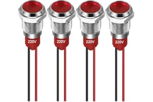 GUUZI 4pcs 10mm Indicador LED 220-230V a Prueba de Agua Panel de Metal Señal Montaje en Panel Cabeza Plana con Cables Carcasa Plateada (Rojo)