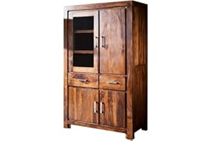 ‎MASSIVMOEBEL24.DE Massivmoebel24.de | Metro Life Massive Vitrine #103 - Honey, lackiert | aus Sheeshamholz | mit Türen (1 Glastür) - 2 Schubladen | 45x90x148cm | Bücherregal Holzvitrine Standvitrine