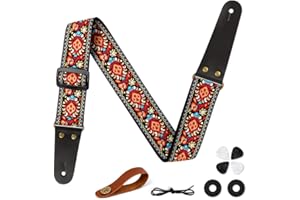 Aucuu Gitarrengurt, 2" Vintage bestickte Baumwolle Gitarrengurt, Verstellbarer Gitarrenband, Gitarrengurt Echtleder Enden für Bass Elektro Akustik, mit Gurtknopf 2 Gurtschlössern 4 Gitarrenplektren