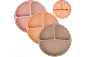 MumEZ Lot de 3 assiettes à ventouse pour bébé en silicone pour nourriture, plateau de chaise haute, incassables, portables, antidérapantes (café + chair + rose)