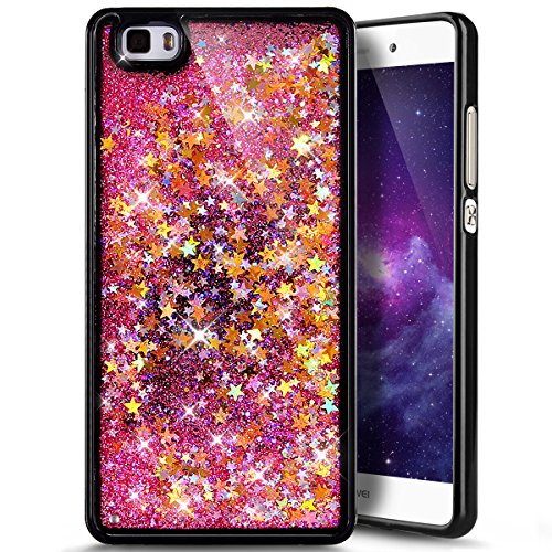Huawei P8 Lite Hülle,Huawei P8 Lite Liquid Hülle,Flüssiges Case,Ukayfe Weiche Schwarz TPU Bumper und Hart PC Rückdeckel Hülle Muster Shiny Schutzhülle Schutz Handy Hülle Case,Creative 3D Fließen Flüssig Bling Schwimmend Treibsand Liebe Herz Stern Luxus Glänzend Kristall Silikon Hülle Handytasche Rückseite Hülle Schale Etui Bumper für Huawei P8 Lite, Gold Stern Rosa Shiny