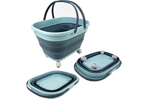 SAMMART 17L Collapsible Basket with Handle - Portable Outdoor Picnic Basket/Crater and 360˚ rotating wheels - Foldable Shopping Bag - Space Saving Storage Container (Lake Blue/Leaf Blue, 1)