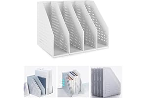 Marte Vanci Collapsible Magazine File Holder Desktop Book Organiser Lever Arch File Storage Folder Document Rack Divider Adjustable for Office School Desk Shelves 4 Compartment (Light Grey)