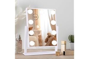 ICDLTJ Vanity Mirror with Lights, XWJ Makeup Mirror with 9 LED Bulbs, Detachable 10x Magnification, 3 Color Lighting Modes, 360° Rotation Touch Screen Brightness Adjustable Rechargeable