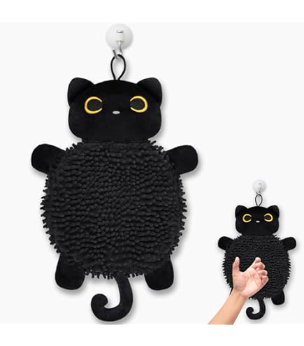 Serviette Microfibre Chat Noir - 15x30 Cm, Suspendable - Déco Salle De Bain, Cuisine