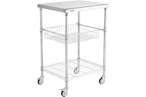 VEVOR Edelstahl Küchenwagen, 3 Ebenen Servierwagen mit 213,2 kg Kapazität, Laborwagen Abräumwagen, Transportwagen Aufbewahrungswagen mit Vertiefter Korb & 6 Haken, für den Innen- und Außenbereich