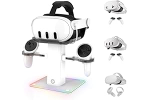 SPEEDY BEE Base de Carga para Headset VR Compatible con Meta Quest 3s/Quest 3/Quest 2/Quest Pro, Soporte Vertical RGB, Controladores Táctiles y Accesorios VR, 7 Efectos de Luz Ajustables