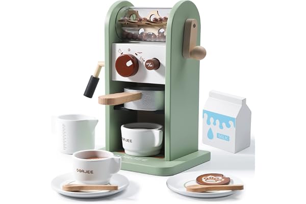Dorjee - D3.004 - Machine à café en Bois avec Moulin à café Manuel - 13 Accessoires Inclus - Jouet en Bois à partir de 3 Ans