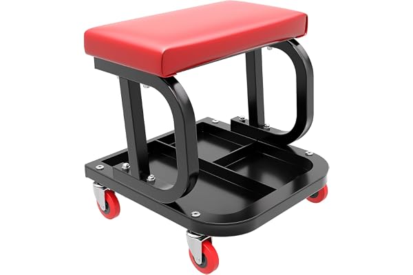 WilTec Tabouret de mécanicien 37,5 x 36 x 38,5 cm Noir Rouge Servante d’Atelier Mobile sur Roulette Plateau Outils Inclus Rangement Garage Jardinage Ergonomie Chariot de Visite